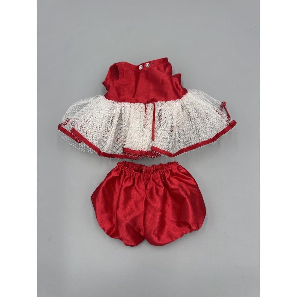 Vintage Red White Satin Style Mesh Baby Doll Or Bear Outfit W/ Bloomers & Top